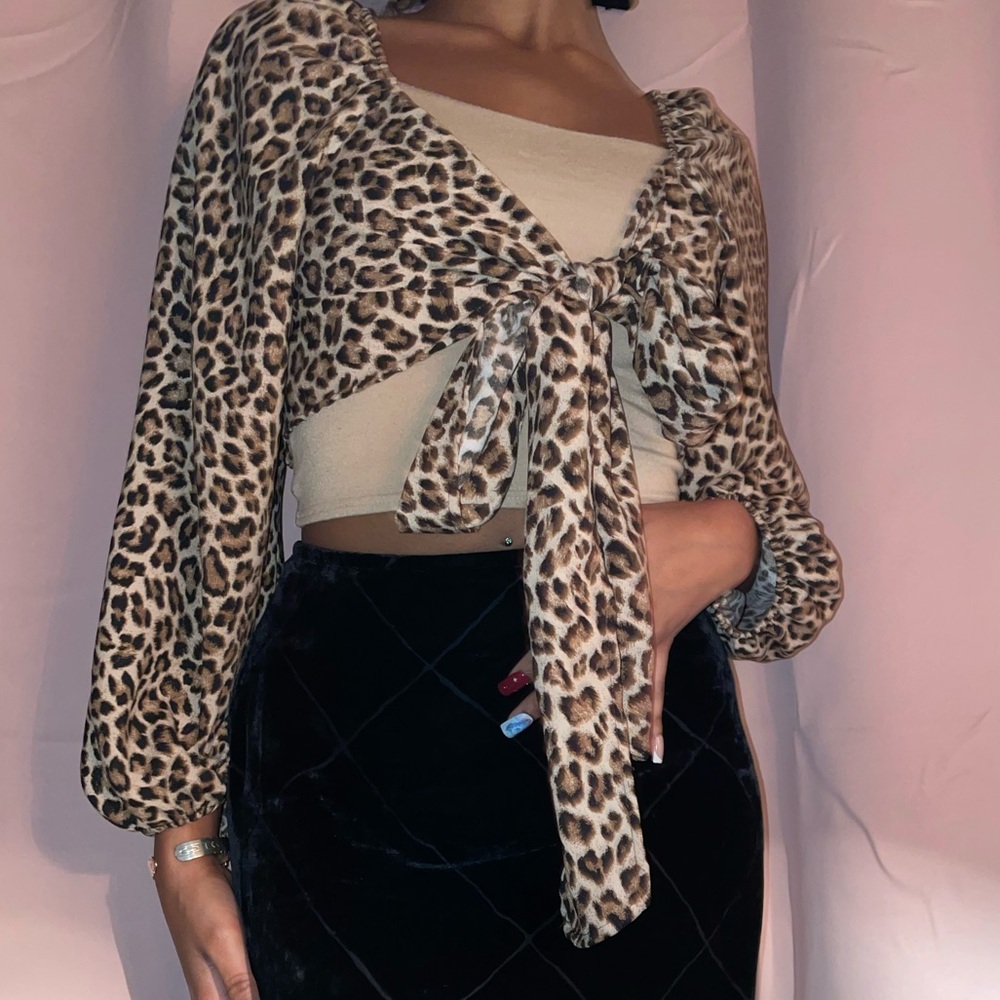 Leopard Print Tie-Front Crop Top - Size XS